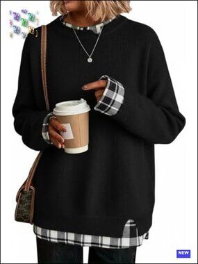 Oversized Patchwork Knit Pullover Sweater Cowboy Chic Cut-Out Long Sleeve